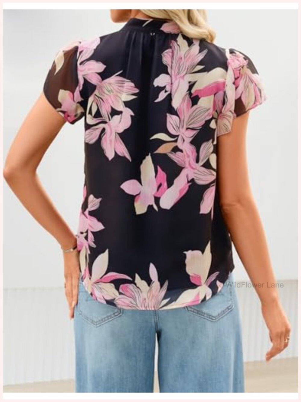 Chiffon Floral Ruffle Sleeve V-Neck Button Down Blouse - Picture 2 of 5